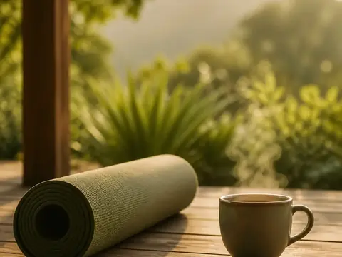 Tapis de yoga roulé et tasse fumante sur une terrasse en bois à la lumière dorée
