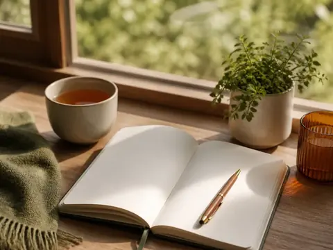 Carnet ouvert aux pages vierges, stylo et tasse de thé posés devant une fenêtre ensoleillée