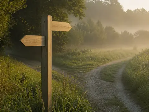 Poteau en bois sans inscription à la bifurcation d’un sentier dans la lumière du matin