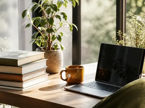 Livres empilés, ordinateur portable ouvert et plante verte sur un bureau près d’une fenêtre