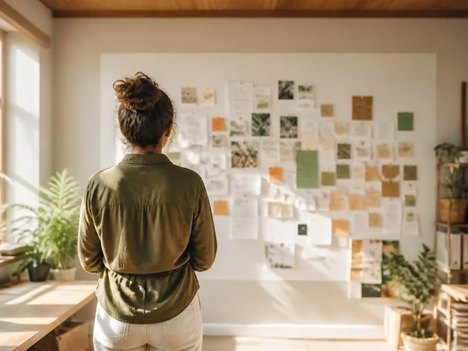 Personne vue de dos, chemise olive, devant un grand panneau mural couvert de notes colorées, dans un atelier lumineux aux plantes vertes