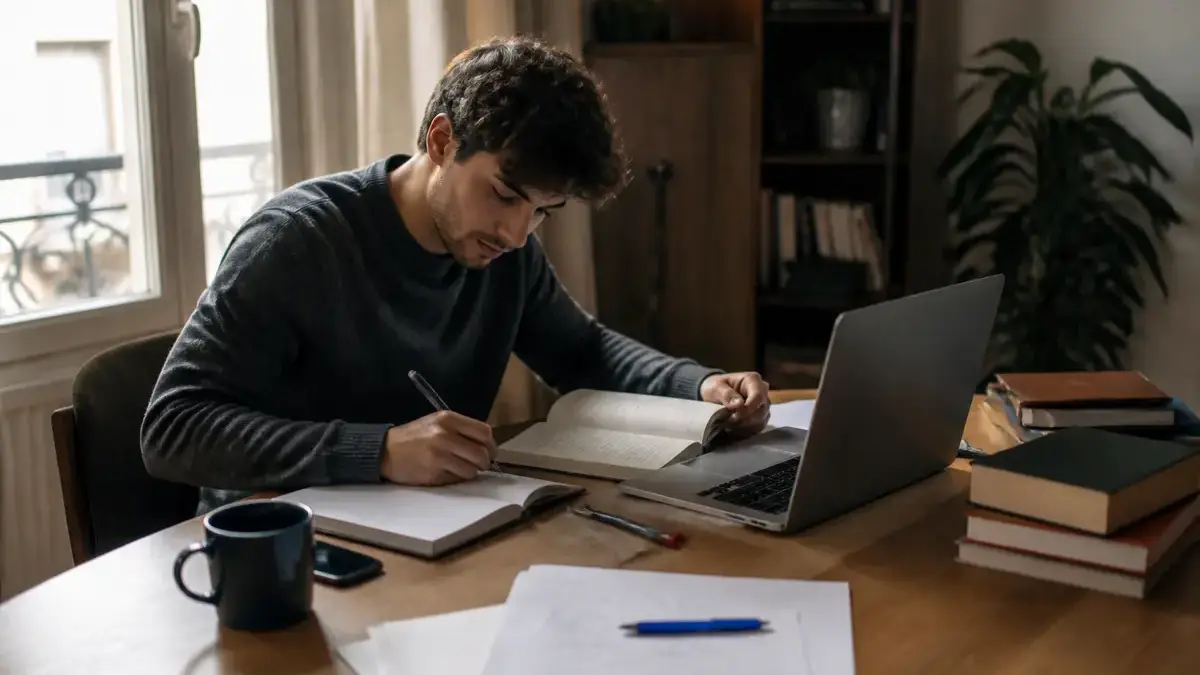 Homme concentré sur son apprentissage autodidacte avec livre, carnet et ordinateur portable.