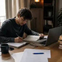 Homme concentré sur son apprentissage autodidacte avec livre, carnet et ordinateur portable.