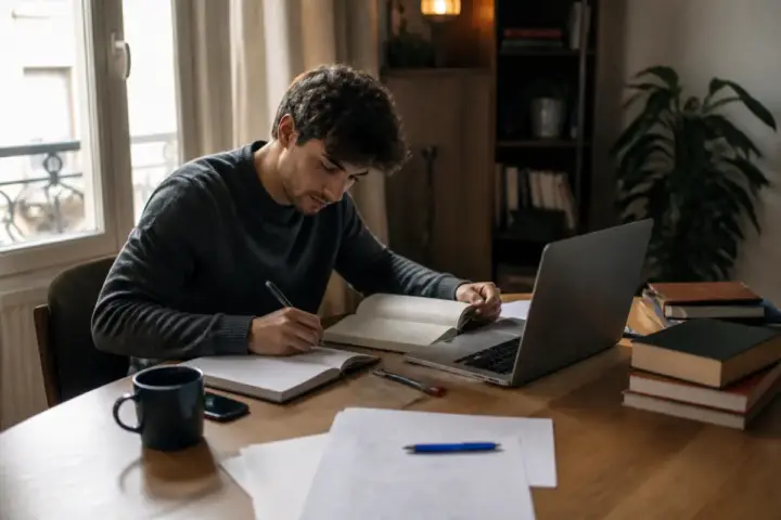 Homme concentré sur son apprentissage autodidacte avec livre, carnet et ordinateur portable.