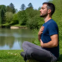 Homme méditant au bord d'un lac, pratiquant l'exercice de cohérence cardiaque.