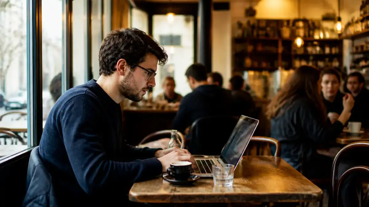 Personne travaillant sur un ordinateur portable dans un café pour une définition de freelance