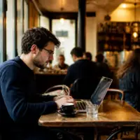 Personne travaillant sur un ordinateur portable dans un café pour une définition de freelance