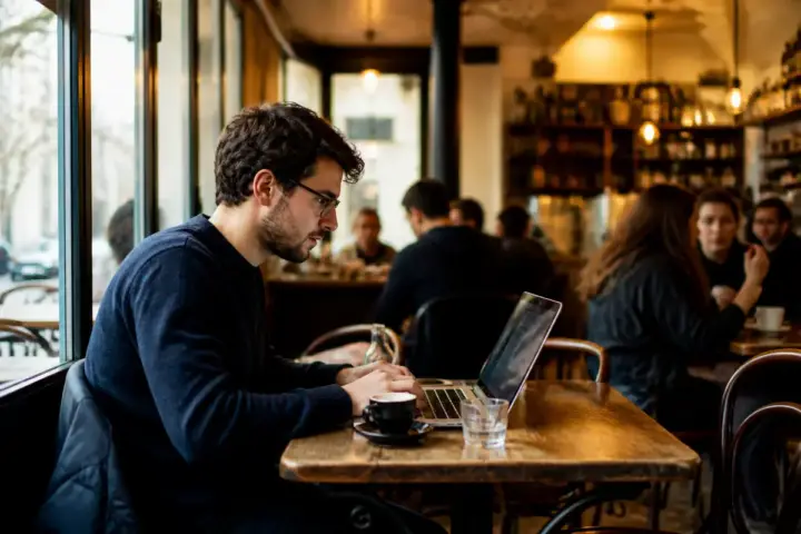 Personne travaillant sur un ordinateur portable dans un café pour une définition de freelance