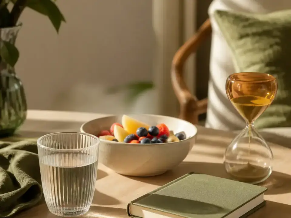 Table en bois le matin avec un verre d’eau, un bol de fruits et un carnet fermé