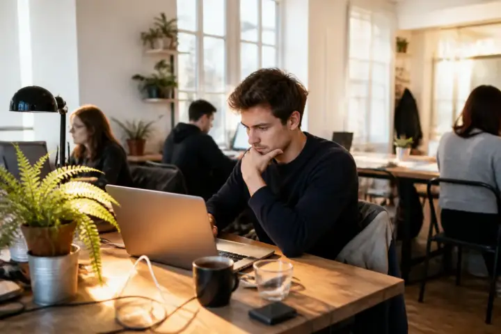 Personnes travaillant sur ordinateurs dans un espace de coworking, inspirant des idées de métiers