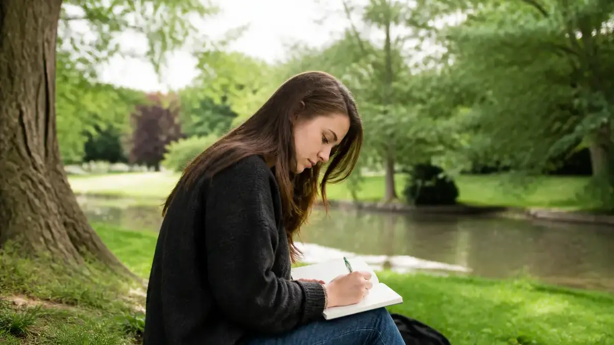 Femme écrivant sur un carnet près d’un lac, inspirée par l'ikigai en nature