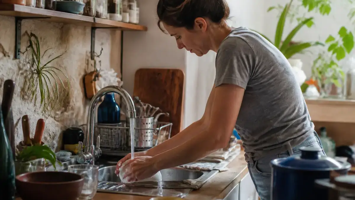 Femme lavant une assiette dans une cuisine avec les 4 accords toltèques en esprit