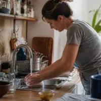 Femme lavant une assiette dans une cuisine avec les 4 accords toltèques en esprit