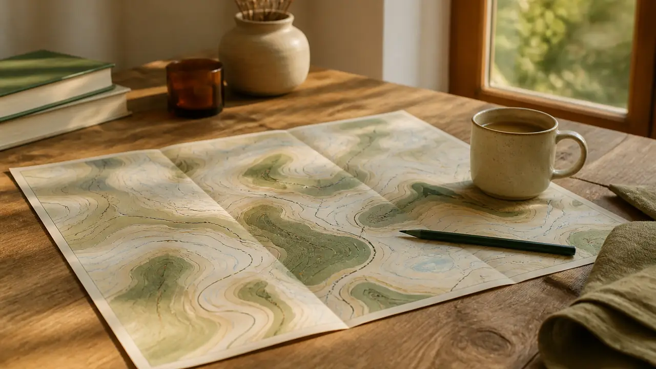 Carte de sentiers dépliée, crayon et tasse sur une table en bois