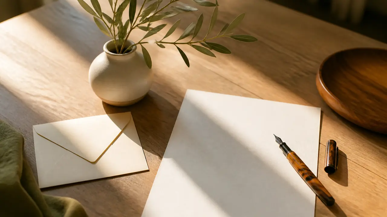 Papier à lettres, enveloppe et stylo plume sur une table en bois près d’un rameau d’olivier