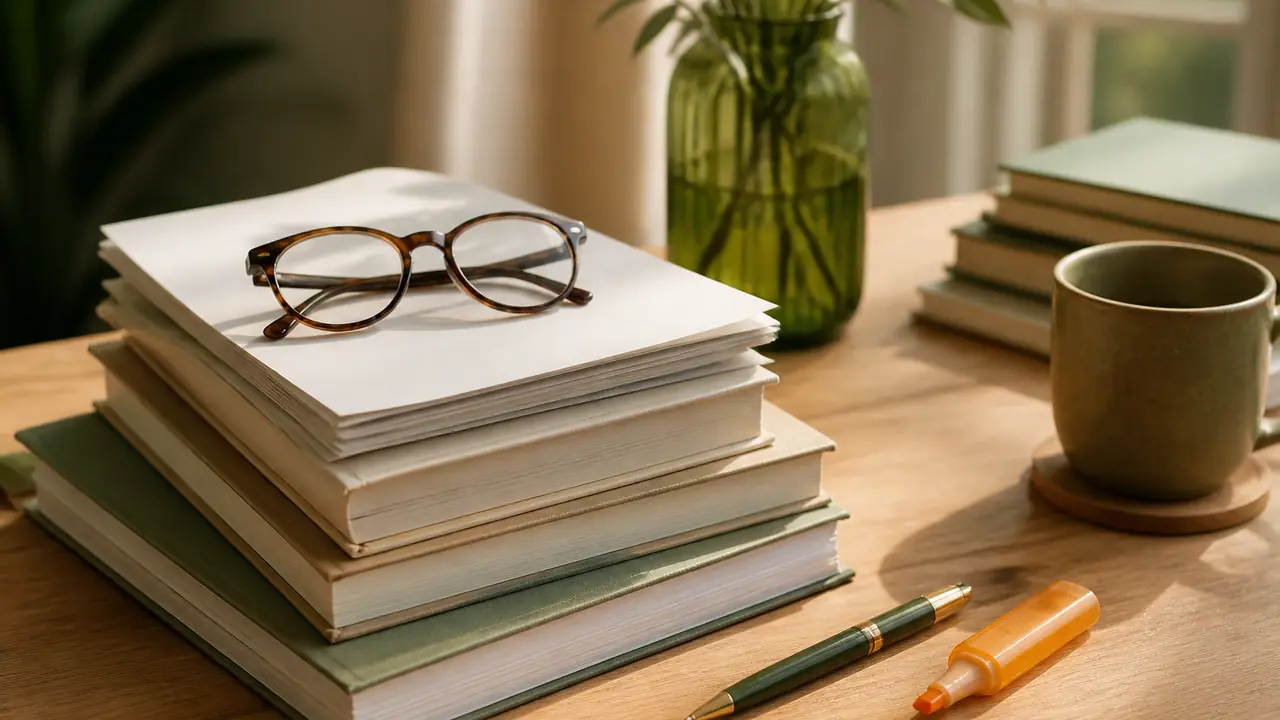 Livres, dossiers et lunettes de lecture sur un bureau en bois clair