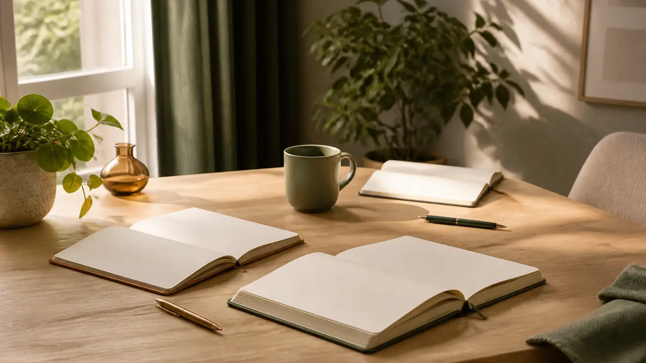 Table de travail avec trois carnets ouverts, des stylos, une tasse et une plante verte