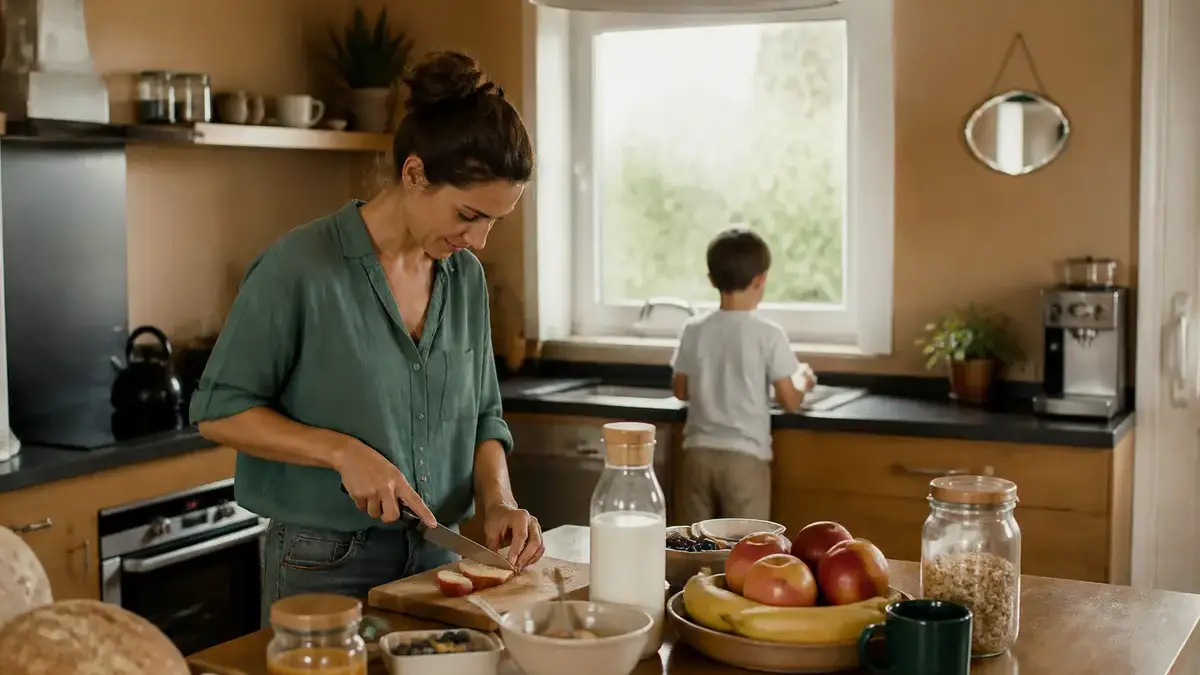 Femme préparant le petit-déjeuner sain pour la routine du matin en cuisine.