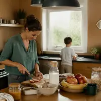 Femme préparant le petit-déjeuner sain pour la routine du matin en cuisine.