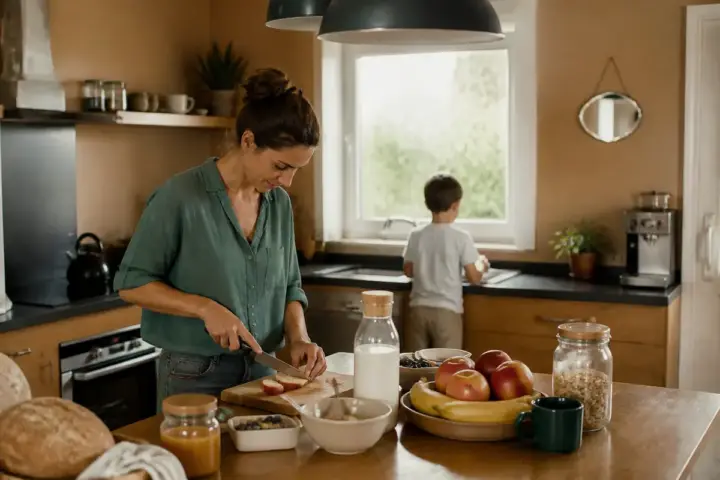 Femme préparant le petit-déjeuner sain pour la routine du matin en cuisine.