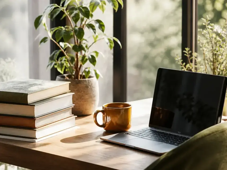 Livres empilés, ordinateur portable ouvert et plante verte sur un bureau près d’une fenêtre