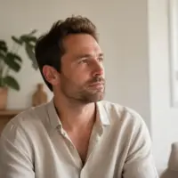 Portrait de Théophane Gaubert, cheveux châtains courts et barbe de quelques jours, chemise en lin beige, près d’une fenêtre