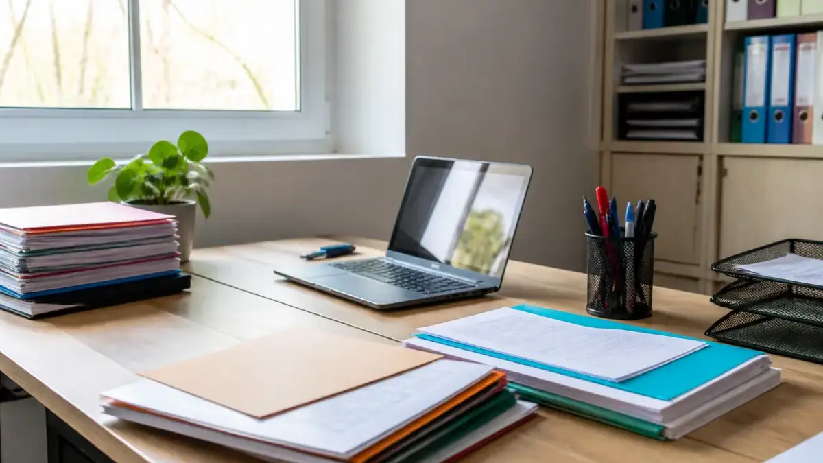 Bureau avec ordinateur portable et dossiers illustrant la signification du VAE en entreprise