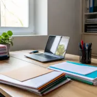 Bureau avec ordinateur portable et dossiers illustrant la signification du VAE en entreprise