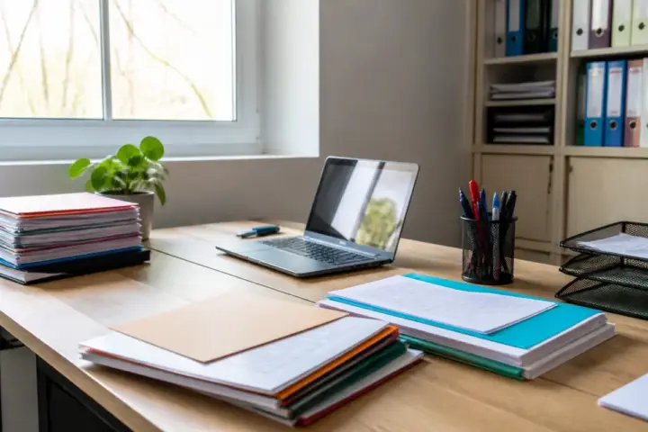 Bureau avec ordinateur portable et dossiers illustrant la signification du VAE en entreprise